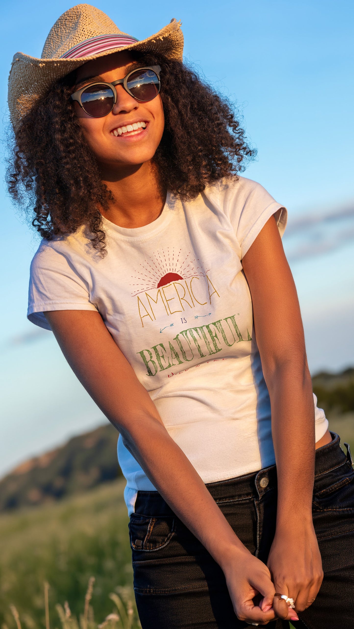 America Is Beautiful® Wild & Free Sunrise Womens Graphic T-Shirt