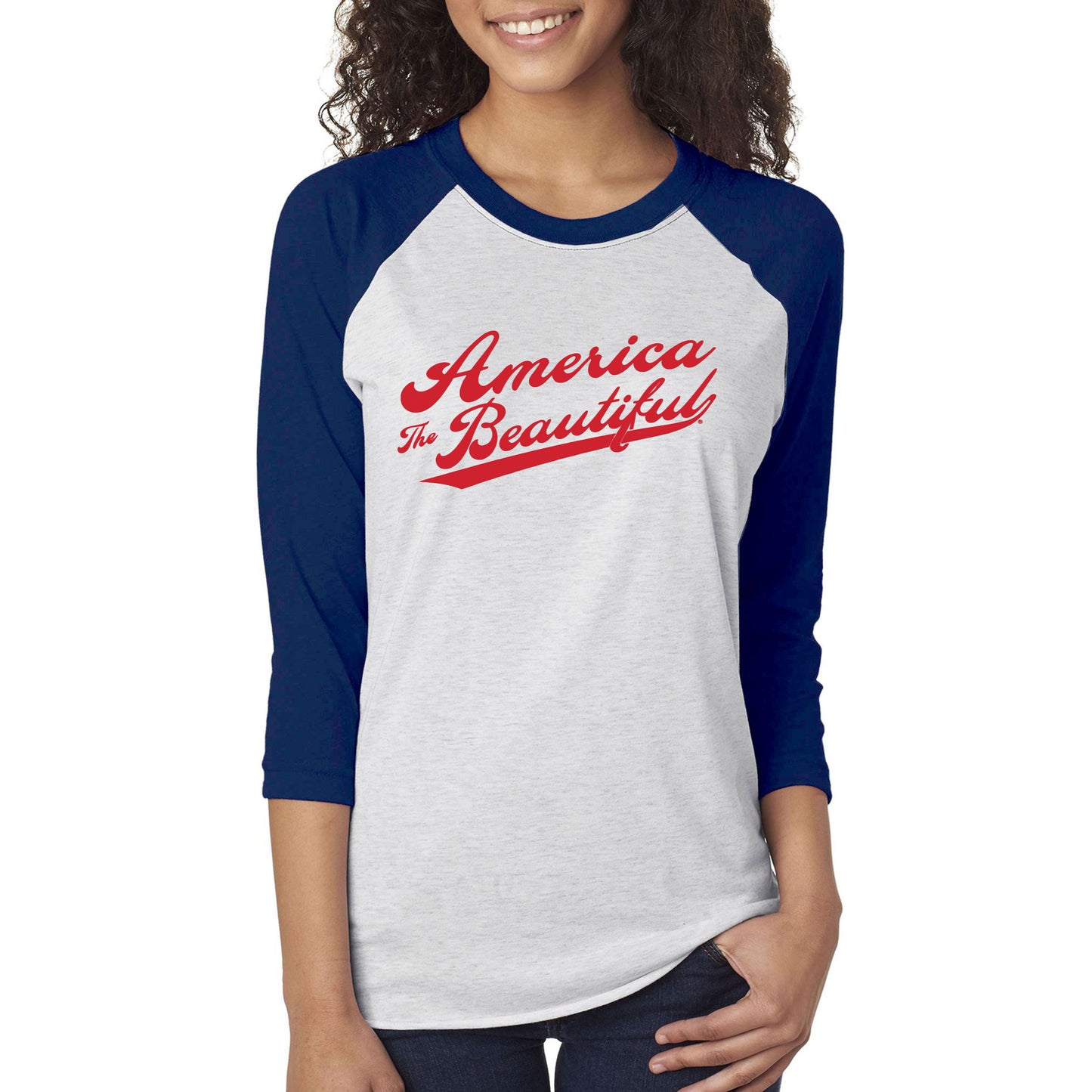 America Is Beautiful® Vintage Baseball Tee in Blue and White (unisex)